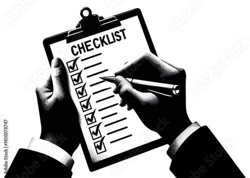 A black and white silhouette of a questionnaire that fills out a checklist on a white isolated background. Vector graphics. EPS.