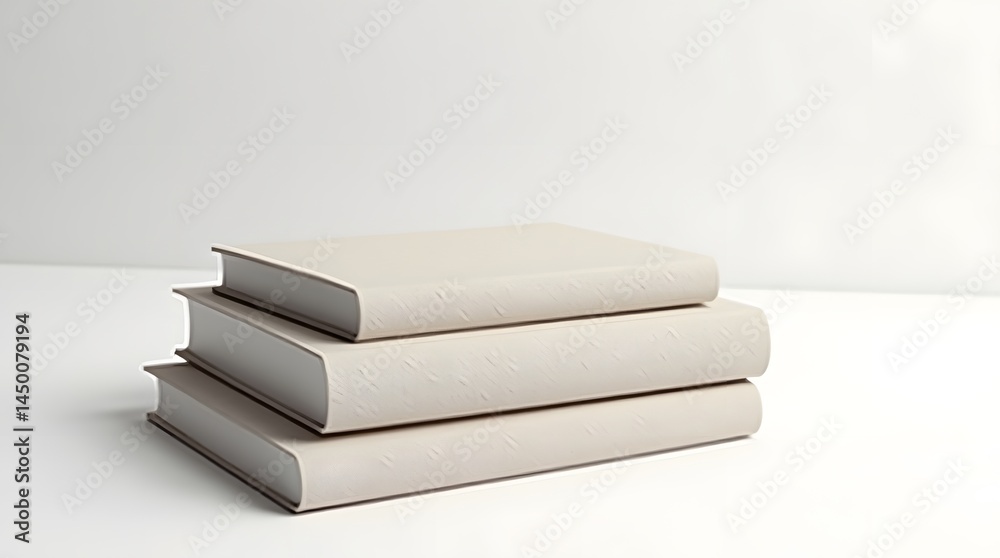A minimalistic arrangement of three beige books stacked elegantly on a clean white surface.