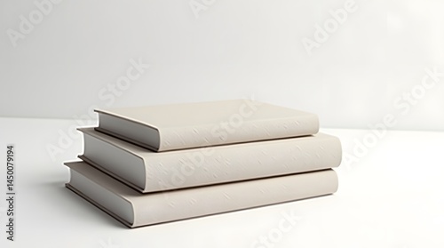 Obraz na płótnie A minimalistic arrangement of three beige books stacked elegantly on a clean white surface. w salonie