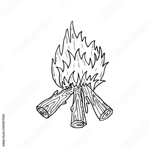Campfire ignited with logs, vector camping element logo, hand-drawn.