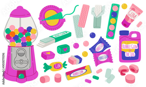 Colorful bubble gum set with sticks, balls, tubes, and wrappers in flat cartoon style. Chewing gum 90s