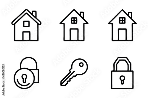 house, key, lock, and door for home and real estate related illustrations Line art icon set