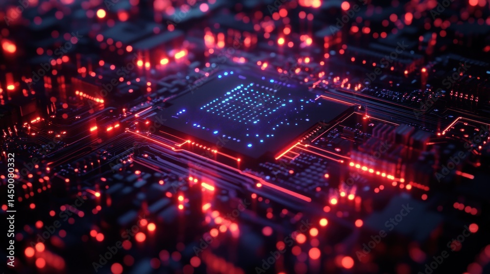 Close-Up View of a Futuristic Microchip on a Circuit Board with Glowing Red and Blue Lights in a Technological Environment