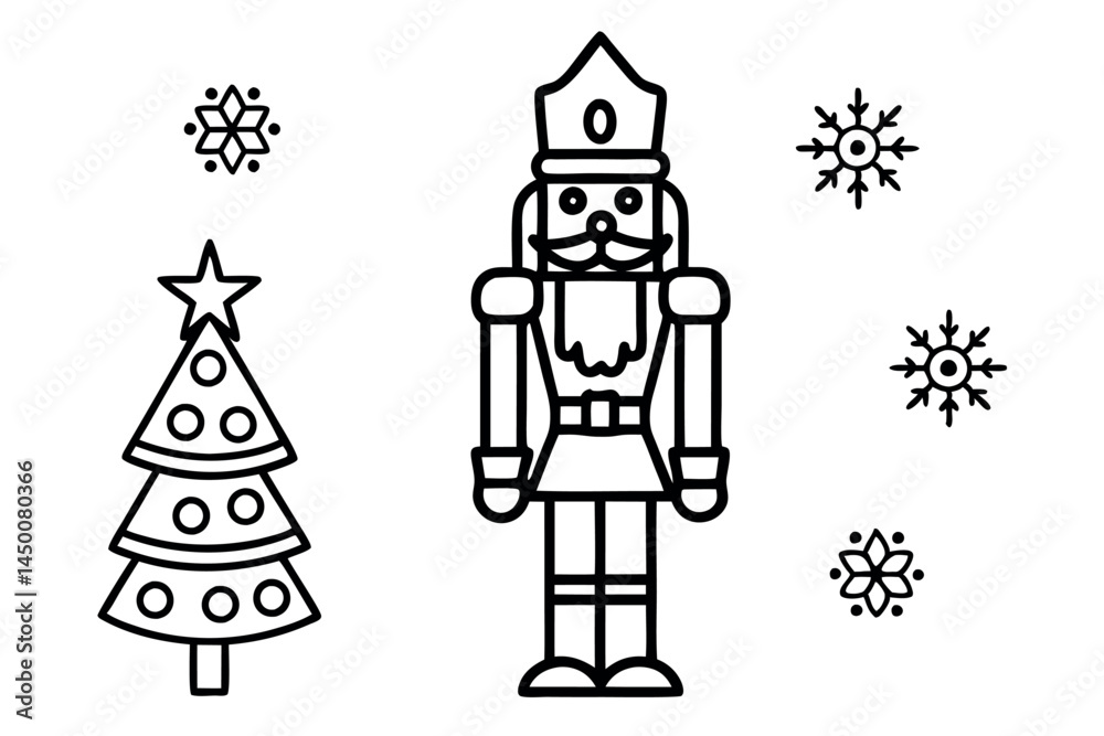 Naklejka premium Christmas Nutcracker with festive tree and snowflakes, ideal for kids and adults holiday coloring pages Line art icon set