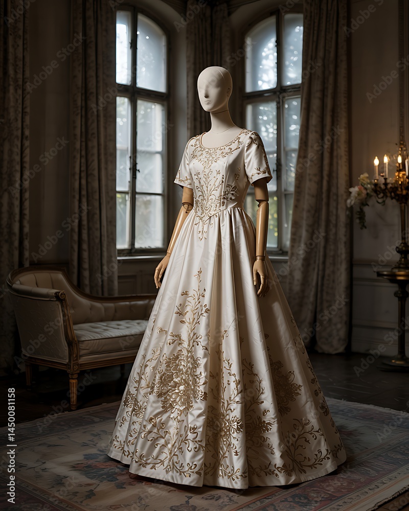 Naklejka premium Off White Gown with Gold Embroidery on Mannequin