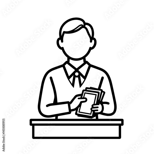 Cashier handling money with precision in a clean line art style