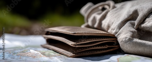 Brown leather wallet resting on a map