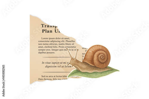 Realistic snail crawling on torn paper sheet element