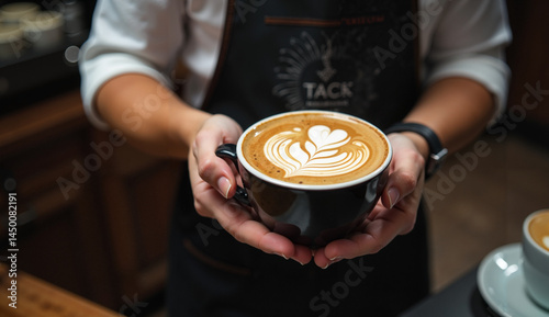 Artisan barista creates elegant Latte art in the shape of a heart, on an apron, thanks in Swedish in a professional coffee setting