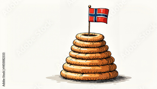 Kransekake rings stacked with Norwegian flag on top  