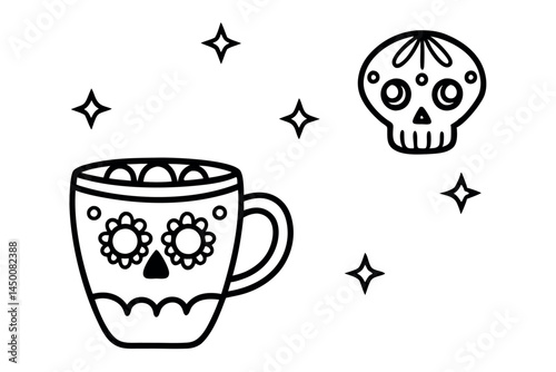 spooky skull coffee mug with spiderweb details and flowers, Halloween festive drinkware, creepy mug for coffee lovers, Line art icon set