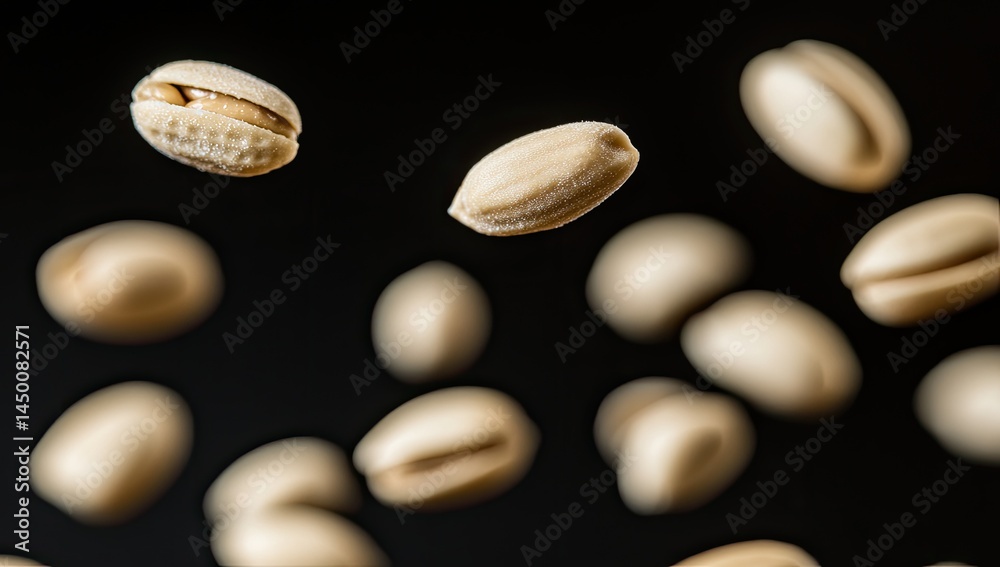 Light beige seeds or pods in mid-air against a black backdrop.  Close-up view of multiple,  elongated objects floating