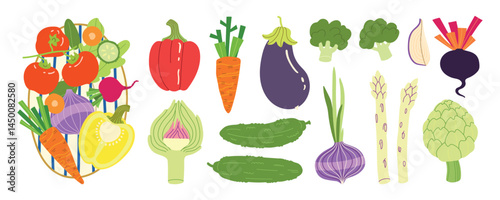 Modern vegetables plate illustration with tomatoes, radish, asparagus, onion, carrot, broccoli and artichokes. Trendy flat design for ecommerce or retail projects. Simple vector art for digital use