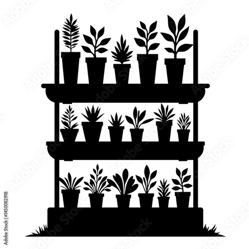 Silhouette of hydroponic plants on vertical racks, agribusiness concept
