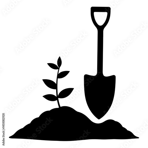 Silhouette of garden hoe digging soil and roots, agribusiness concept
