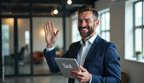 A professional businessman Warmly welcomes you with a digital tablet with the inscription 