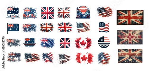 UK, USA, Canada, Australian Flag Set with Different Shape and icon
