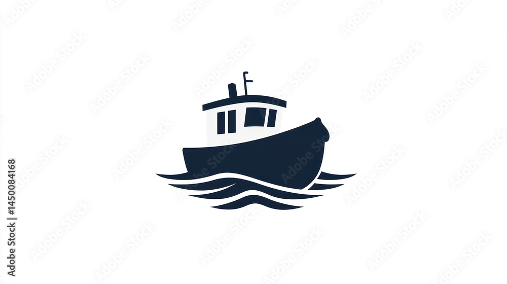 Naklejka premium Simple silhouette of a tugboat on water waves, logo potential