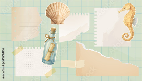 Marine-themed torn paper collage with seahorse, bottle and shell
