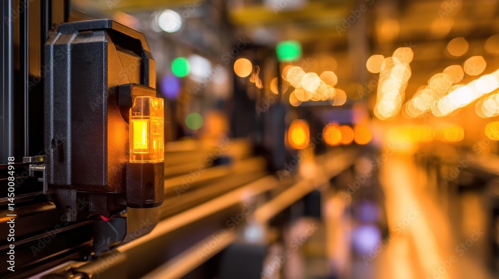Obraz premium Industrial scene with illuminated safety lights in a factory setting, blurred background