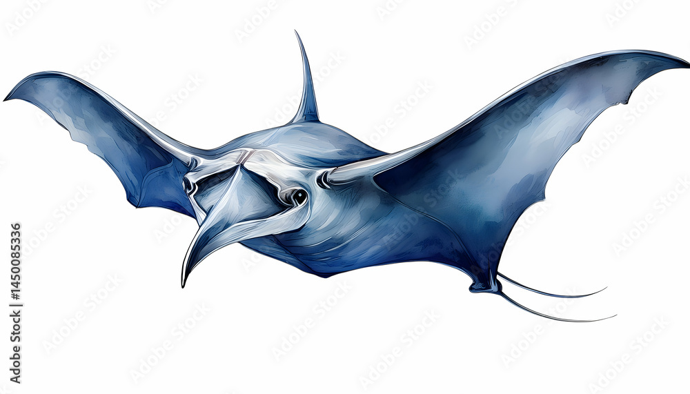 Fototapeta premium Ocean's Gentle Giant: A majestic manta ray gracefully glides through the deep blue sea, its massive wings and unique form are a testament to the beauty and mystery of marine life.