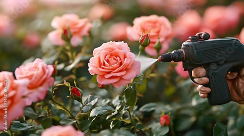 Fototapeta Naklejka Na Ścianę i Meble -  Sprayer Watering Peach Roses in Garden, Horticultural Activity, Gardening Equipment