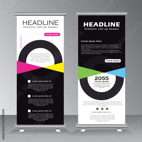 Modern roll up banner desing with geometric background, vertical banner template, vector eps 10