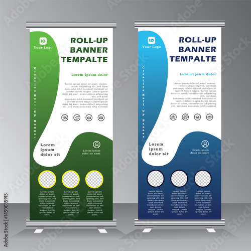 Green and blue Roll up banner template, vertical banner design, Roll up banner for business, Vector banner