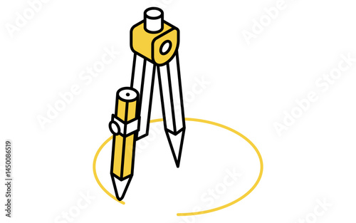 Simple line drawing icon of a circle with compass, isometric illustration