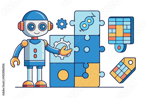 AI system solving a puzzle represented by interconnected digital pieces and robotic assistance, showcasing problem solving technology
