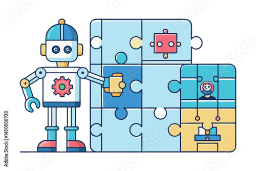 Artificial intelligence working with puzzle pieces to symbolize problem solving, robotics, and digital efficiency in a futuristic environment