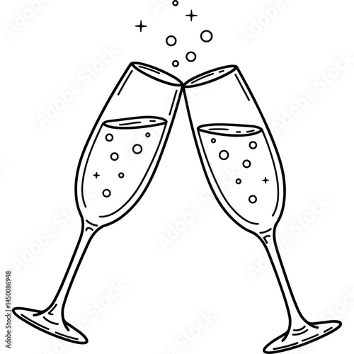 Champagne glasses toasting celebration with bubbles in line art style for drinks celebration. Two champagne flutes clinking together in a toast with sparkling bubbles