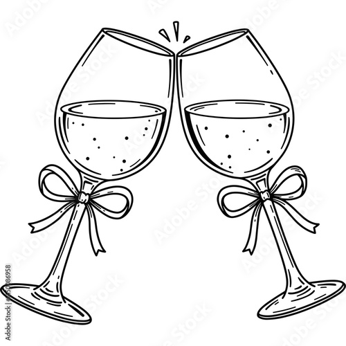 Wine glasses cheers toasting line art illustration of two wine glasses with ribbons tied around the stems creating a celebratory and festive atmosphere perfect for party or event invitations