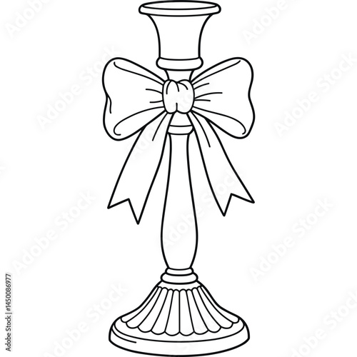 Candlestick with Bow Decoration Outline Drawing for Coloring Page. Decorative candlestick with ribbon bow in outline style