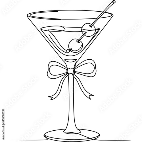 Martini glass with cocktail and cherries in line art style with bow. Martini glass with cherries and cocktail in continuous line drawing style