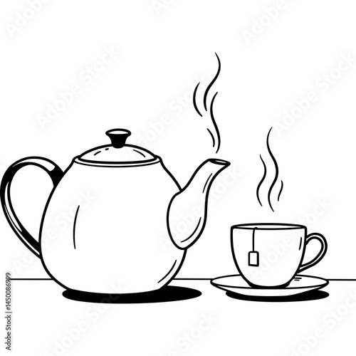 Teapot and Cup with Tea Illustration of hot beverage on white background. Teapot with steam and cup of tea with teabag illustration in black and white drawing