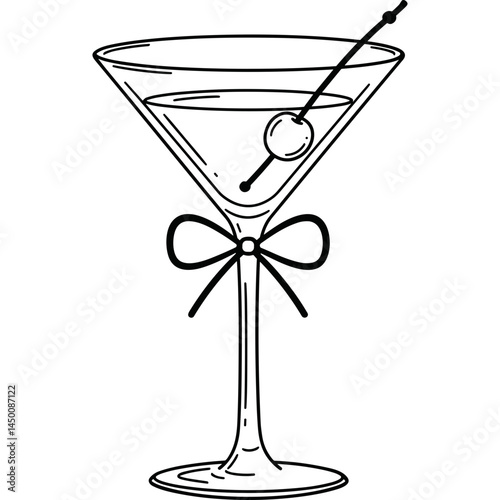 Martini cocktail with olive on stick and bow tie decoration in line art style for elegant drink illustration or party invitation design