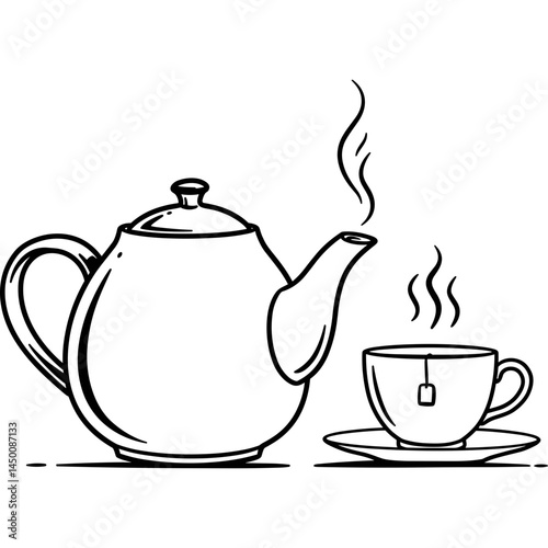 Teapot pouring tea into teacup with steam in black and white drawing of hot beverage on saucer with teabag