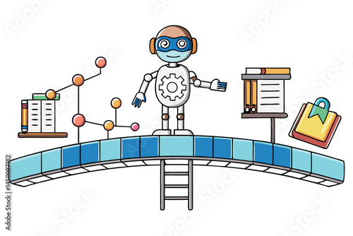 A robot standing on a bridge with educational books and gears around, symbolizing AI, technology, and learning