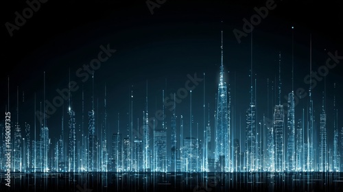 Digital cityscape with glowing skyscrapers and vertical data streams against night sky