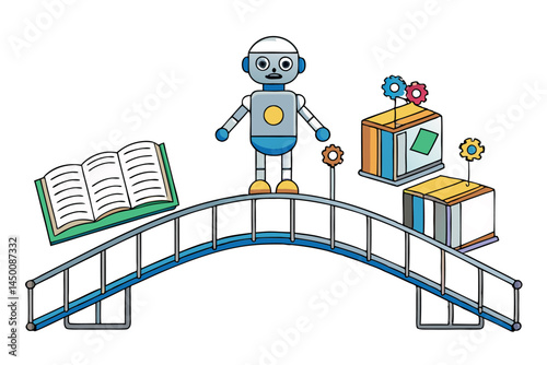 Robot standing on a bridge made of books, holding a book, showing the connection between technology, learning, and education
