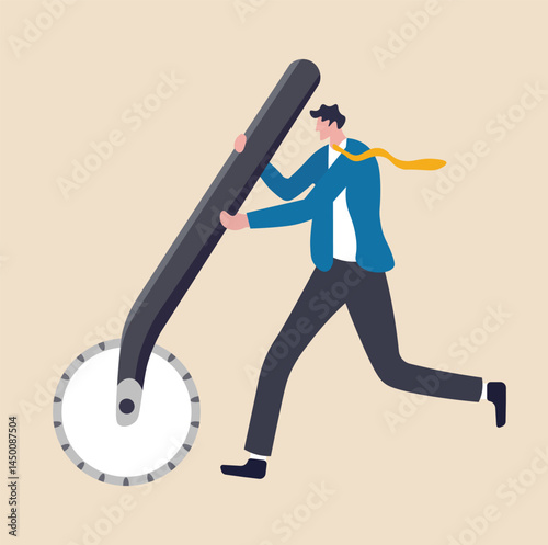 businessman using pizza cutter to split golden dollar money coin.