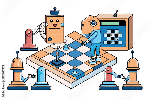 Machine learning chess strategy with robot players making calculated moves on a digital chessboard