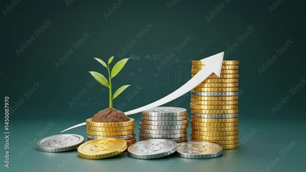 A conceptual illustration showcasing the growth of investment through stacks of coins, symbolizing financial prosperity and sustainable growth represented by a sprouting plant.