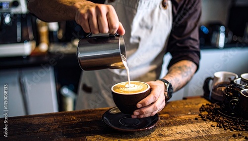 Un experto barista, ataviada con un impecable delantal blanco y una camisa marrón oscuro, se encuentra tras un rústico mostrador de madera en una acogedora cafetería que rebosa calidez.  photo