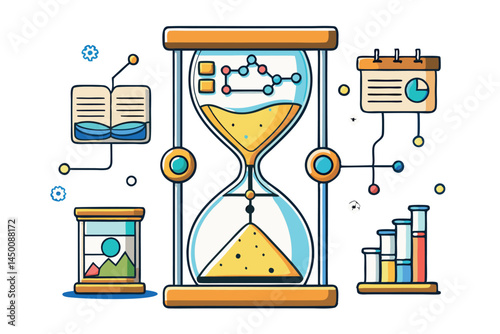 hourglass with predictive algorithm symbols, representing time management, analysis, and technology