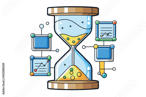 hourglass design with flowing sand and algorithmic symbols, depicting time, data analysis, and predictive analytics