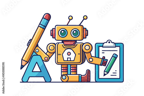 Cute robot with a pencil drawing a picture, showcasing the fusion of robotics and artistic expression