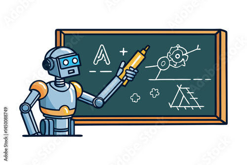 Robotic hand with chalk drawing on a chalkboard, representing the future of education and artificial intelligence in learning