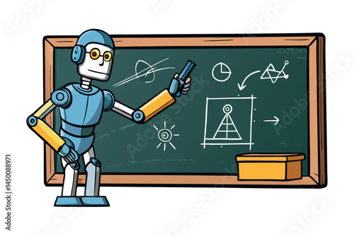 Robot teacher using chalk to explain concepts on a blackboard, illustrating the intersection of robotics and education
